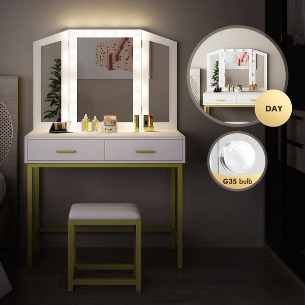 Large Vanity Dressing Table Makeup Desk Set with 10 LED Lighted Mirror Stool 2 Drawers White