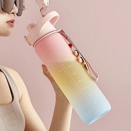 1L Sports Bottle with Time Marker 1300ml Anti Leak Water Bottle with Flip Top Lid Gradient Color for Outdoor Travel New