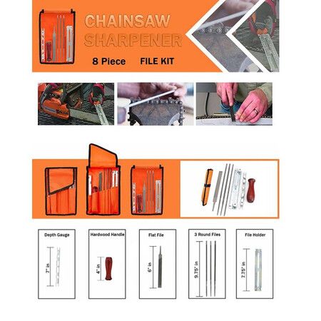 8 Piece Chainsaw Sharpener File Kit - Contains 5/32, 3/16, 7/32 Inch Files, Wood Handle, Depth Gauge, Filing Guide, Tool Pouch - for Sharpening & Filing Chainsaws And Other Blades