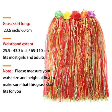 8 Pieces Hawaiian Grass Hula Skirt Set, Necklace Bracelets Bikini Top - Mixed Color Skirt