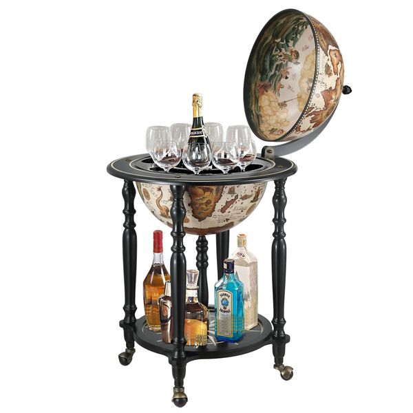 Antique Globe Alcohol Cabinet Round Mini Bar Drinks Serving Trolley Cart Wine Rack Mid-century