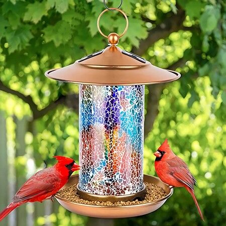 Solar Bird Feeders for Garden Hanging Bird Feeder,Mosaic and Copper, Waterproof Yard Lantern Decoration for Cardinals Bird Feeder