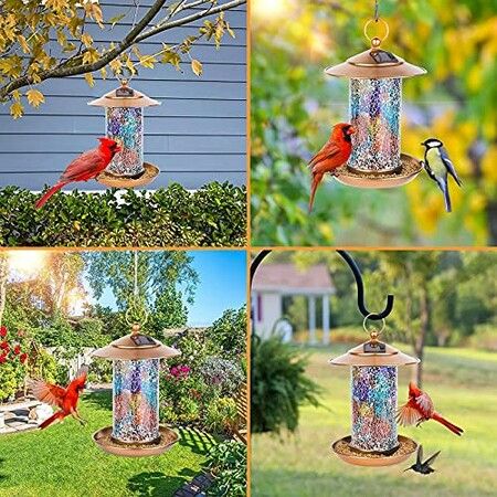 Solar Bird Feeders for Garden Hanging Bird Feeder,Mosaic and Copper, Waterproof Yard Lantern Decoration for Cardinals Bird Feeder