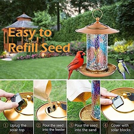 Solar Bird Feeders for Garden Hanging Bird Feeder,Mosaic and Copper, Waterproof Yard Lantern Decoration for Cardinals Bird Feeder