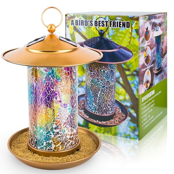 Solar Bird Feeders for Garden Hanging Bird Feeder,Mosaic and Copper, Waterproof Yard Lantern Decoration for Cardinals Bird Feeder