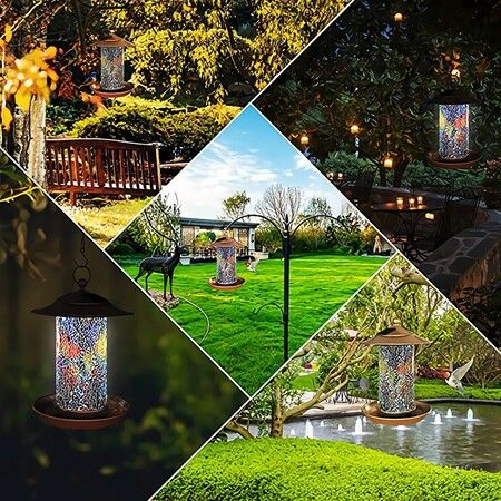 Solar Bird Feeders for Garden Hanging Bird Feeder,Mosaic and Copper, Waterproof Yard Lantern Decoration for Cardinals Bird Feeder