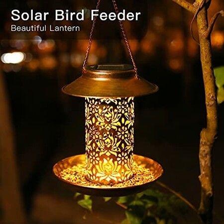 Solar Bird Feeder for Outdoors Hanging, Metal Wild Bird Feeder for Cardinals Solar Garden Lantern with S Hook as Gift Ideas for Bird Lovers