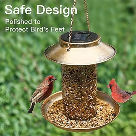 Solar Bird Feeder for Outdoors Hanging, Metal Wild Bird Feeder for Cardinals Solar Garden Lantern with S Hook as Gift Ideas for Bird Lovers