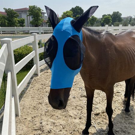 Horse Fly Mask with Ears - Equine Sunscreen Lycra Quiet Ride Elasticity Fly Mask with Ear Protection (Blue)