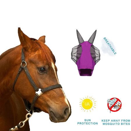 Horse Fly Mask with Ears - Equine Sunscreen Lycra Quiet Ride Elasticity Fly Mask with Ear Protection (Blue)