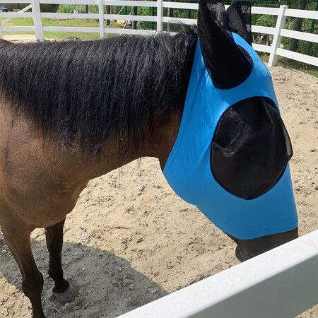 Horse Fly Mask with Ears - Equine Sunscreen Lycra Quiet Ride Elasticity Fly Mask with Ear Protection (Blue)