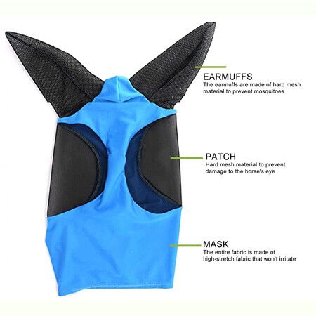 Horse Fly Mask with Ears - Equine Sunscreen Lycra Quiet Ride Elasticity Fly Mask with Ear Protection (Blue)