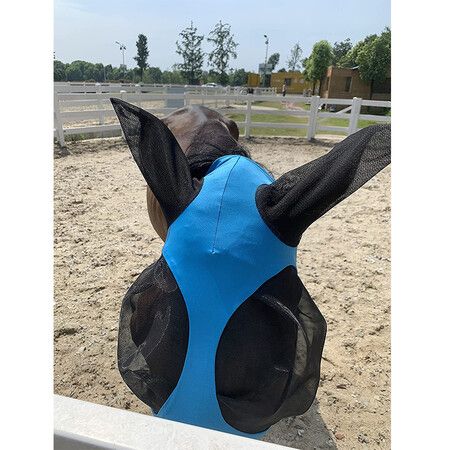 Horse Fly Mask with Ears - Equine Sunscreen Lycra Quiet Ride Elasticity Fly Mask with Ear Protection (Blue)