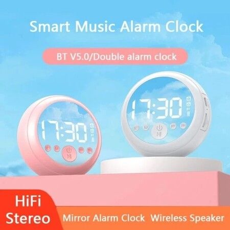 Z2 bluetooth 5.0 Speaker Mirror Dual Alarm Clock HIFI Stereo Mini Round Shape Subwoofer(Pink)