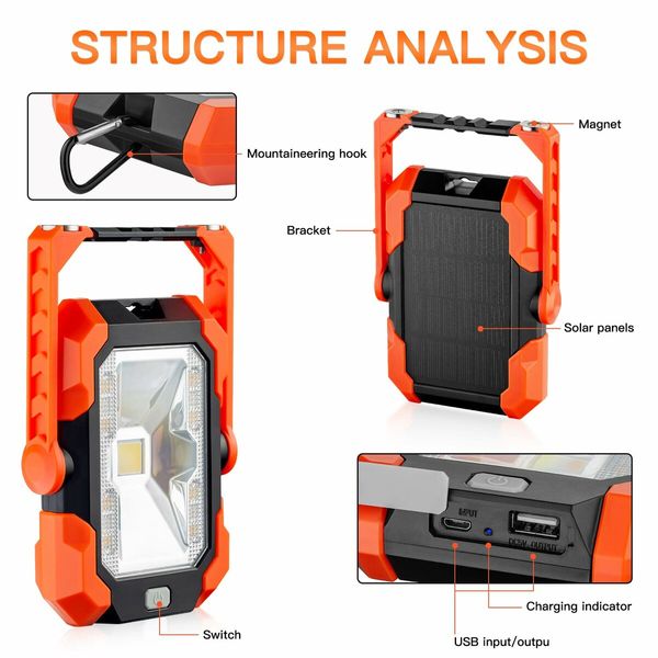 Rechargeable LED Flood Light USB Solar Charging Floodlight Construction Site Light Work Lamp Portable Lantern 360 Degree Rotation Adjustable and Magnetic Handle for Camping