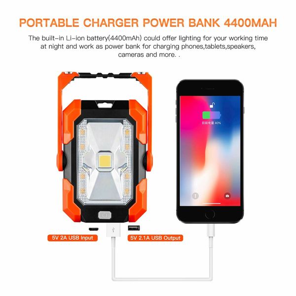 Rechargeable LED Flood Light USB Solar Charging Floodlight Construction Site Light Work Lamp Portable Lantern 360 Degree Rotation Adjustable and Magnetic Handle for Camping