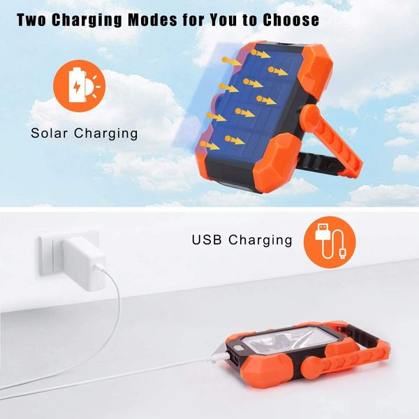 Rechargeable LED Flood Light USB Solar Charging Floodlight Construction Site Light Work Lamp Portable Lantern 360 Degree Rotation Adjustable and Magnetic Handle for Camping