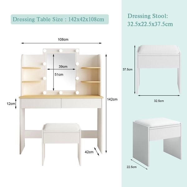 LUXSUITE Makeup Vanity Set White Dressing Table with Lights and Drawers Mirror Stool