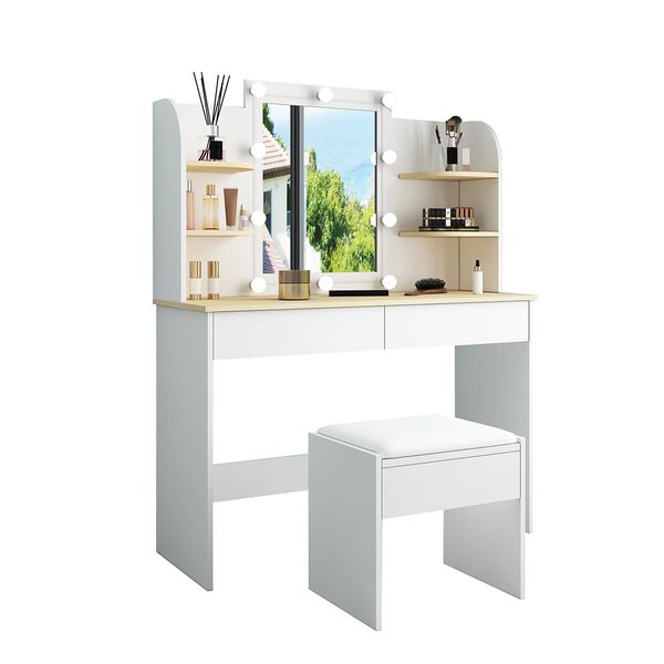 LUXSUITE Makeup Vanity Set White Dressing Table with Lights and Drawers Mirror Stool