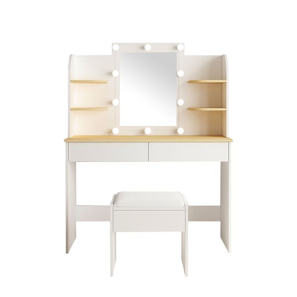 LUXSUITE Makeup Vanity Set White Dressing Table with Lights and Drawers Mirror Stool