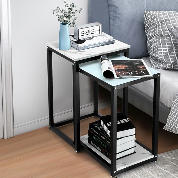 LUXSUITE Side End Table Accent Coffee Nightstand with Storage Shelf Glass Top Bedside Sofa Couch