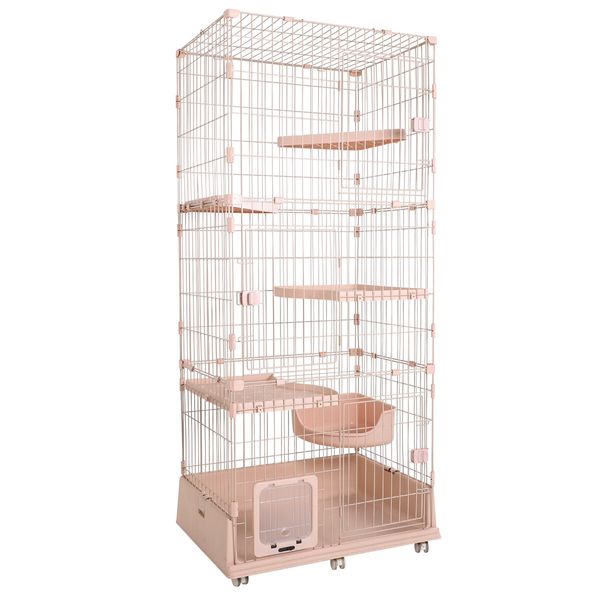 5 Level Rabbit Cat Ferret Cage Hutch Crate Metal Guinea Pigs House Kennel with Cat Door Wheels