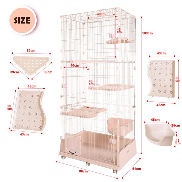 5 Level Rabbit Cat Ferret Cage Hutch Crate Metal Guinea Pigs House Kennel with Cat Door Wheels