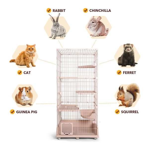 5 Level Rabbit Cat Ferret Cage Hutch Crate Metal Guinea Pigs House Kennel with Cat Door Wheels