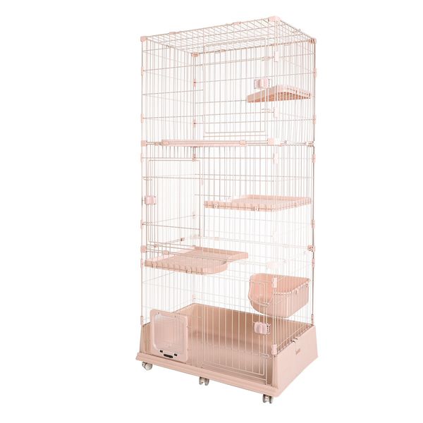 5 Level Rabbit Cat Ferret Cage Hutch Crate Metal Guinea Pigs House Kennel with Cat Door Wheels