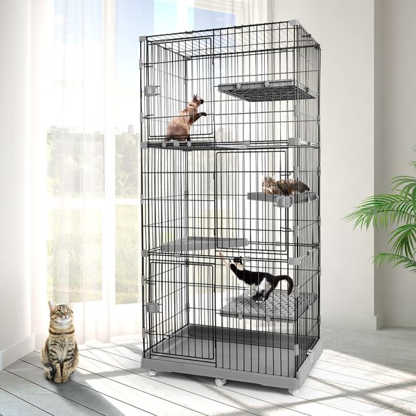 5 Level Cat Rabbit Ferret Cage Hutch House Metal Guinea Pigs Crate Kennel with Wheels 169CM