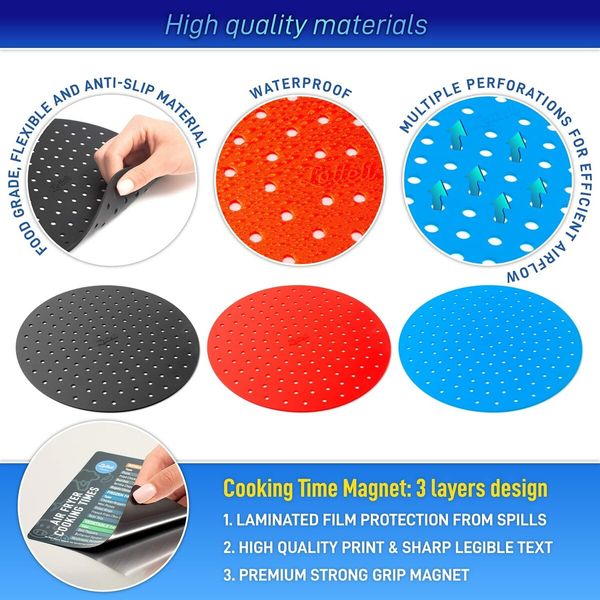 23cm Red Round Reusable Silicone Air Fryer Liners with Air Fryer Magnetic Cheat Sheet - (3pack)