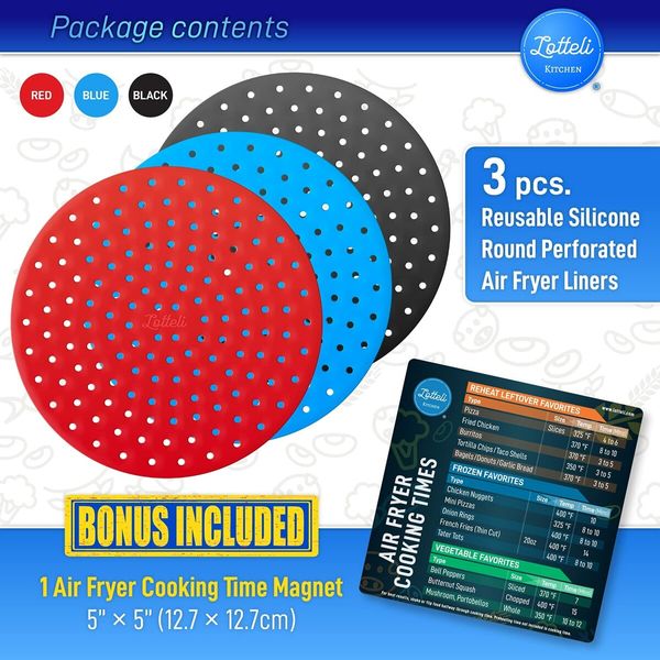 23cm Red Round Reusable Silicone Air Fryer Liners with Air Fryer Magnetic Cheat Sheet - (3pack)