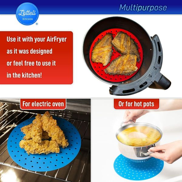 23cm Red Round Reusable Silicone Air Fryer Liners with Air Fryer Magnetic Cheat Sheet - (3pack)