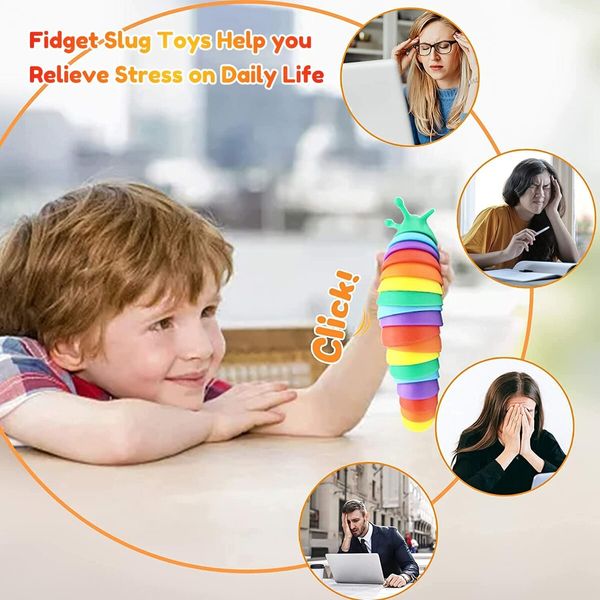 Fidget Slug,3D Printed Articulated Stretch Slug Fidget Toy (Colorful)