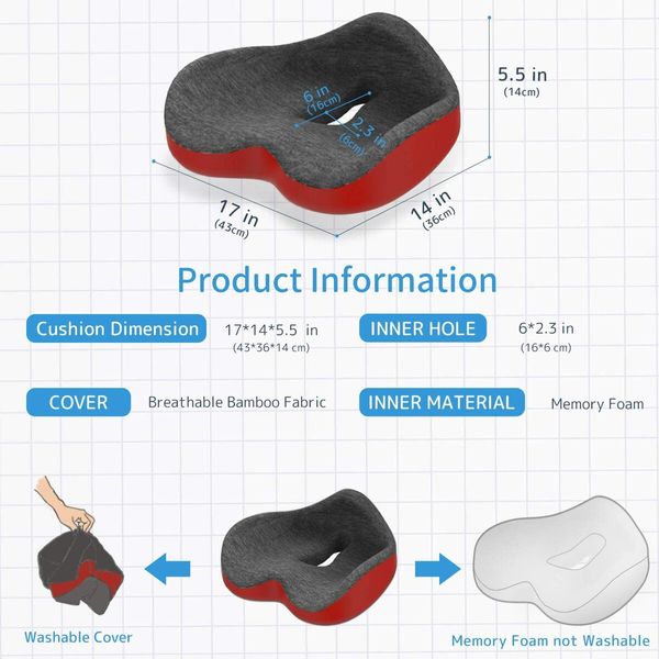 Memory Foam Seat Cushion for Office Chair, Coccyx Seat, Orthopedic Cushion for Lower Back Pain Relief (Grey+Red)