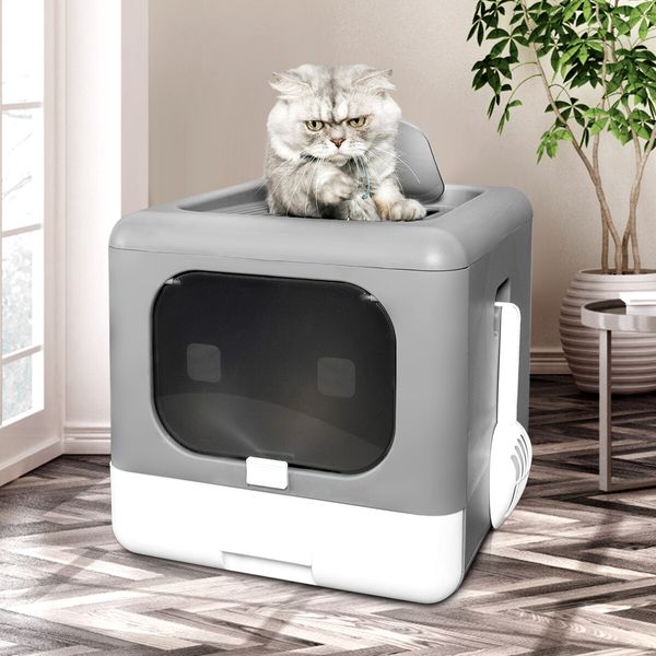 Cat Litter Tray Box Kitty Covered Hooded Enclosed Large Pet Toilet Top Entry Furniture Foldable Gray