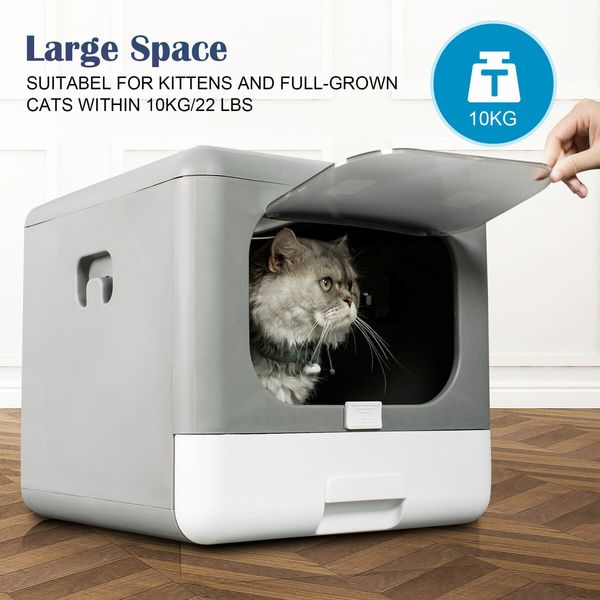 Cat Litter Tray Box Kitty Covered Hooded Enclosed Large Pet Toilet Top Entry Furniture Foldable Gray