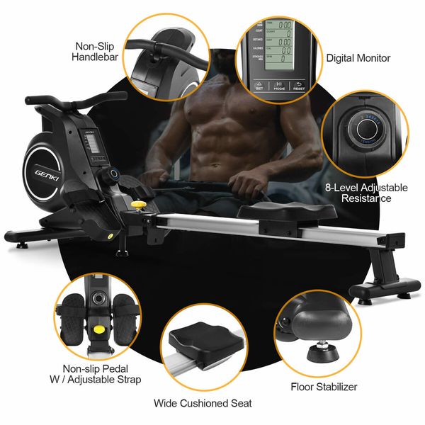 Genki Rowing Machine Rower Magnetic Resistance Workout Foldable Home Exercise Equipment 8 Levels LCD