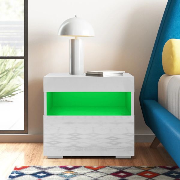 Beside Table LED Lighted Bedroom Nightstand Storage Cabinet High Gloss Front White