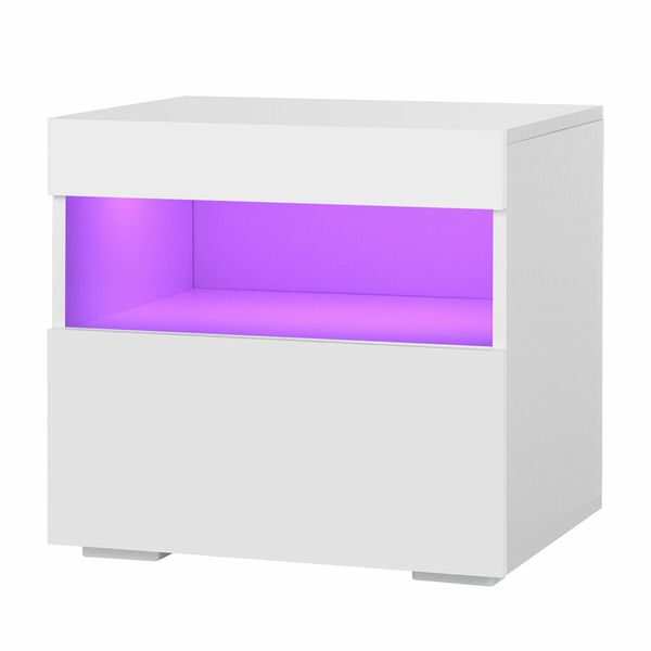 Beside Table LED Lighted Bedroom Nightstand Storage Cabinet High Gloss Front White