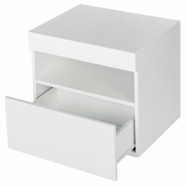 Beside Table LED Lighted Bedroom Nightstand Storage Cabinet High Gloss Front White