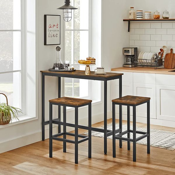 3 PCS Bar Table Set 2 Chairs Stools Kitchen Dining Height Counter Modern Wooden Top Metal Frame