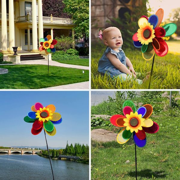 2 PCs Garden Windmills, Sunflower Windmills Lawn Decorations, 12 Inch Rainbow for Yard and Garden, Outdoor Lawn Ornaments