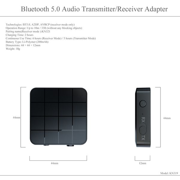 2 In 1 Bluetooth 5.0 Audio Transmitter Receiver 3.5mm Wireless Adapter Stereo Audio Dongle For TV Car /Home Speakers