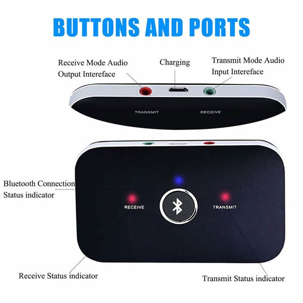 2 in 1 Wireless Bluetooth Transmitter Adapter Compatible with TV, PC, CD, Speaker, iPhone, iPod, Tablets, Car Stereo