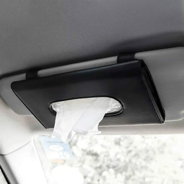 Visor Tissue Box Holder- PU Leather Van Truck Vehicle Car Tissues Case Dispenser for Backseat and Sun Visor, Refill Paper Included (Black)