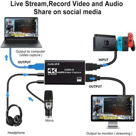 4K Audio Video Capture Card, USB 3.0 HDMI Capture Adapter Card for Game Recording Live Streaming Broadcasting Video Conference