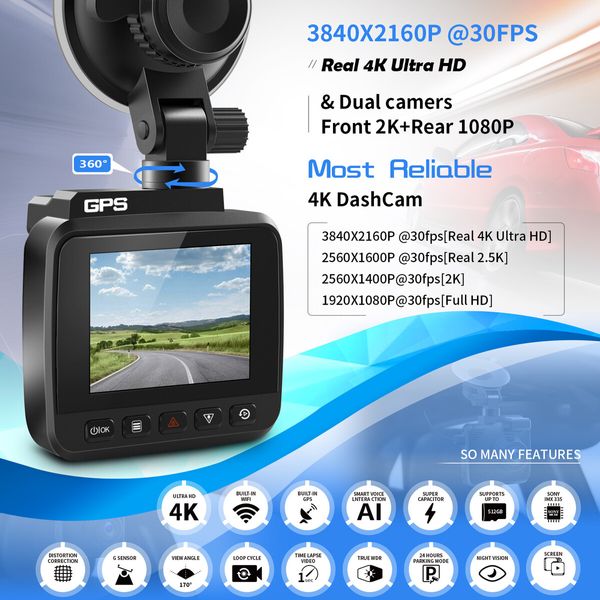 Front 2K and Rear 1080P Dash Cam Built in WiFi GPS Car Dashboard Camera Recorder, 170 Degree Wide Angle, WDR, Night Vision