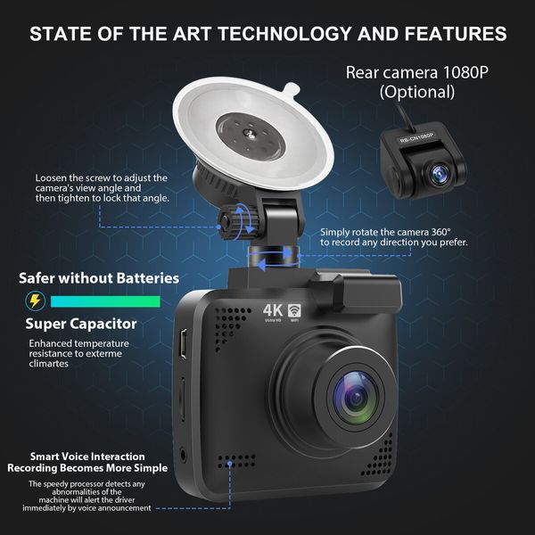 Front 2K and Rear 1080P Dash Cam Built in WiFi GPS Car Dashboard Camera Recorder, 170 Degree Wide Angle, WDR, Night Vision