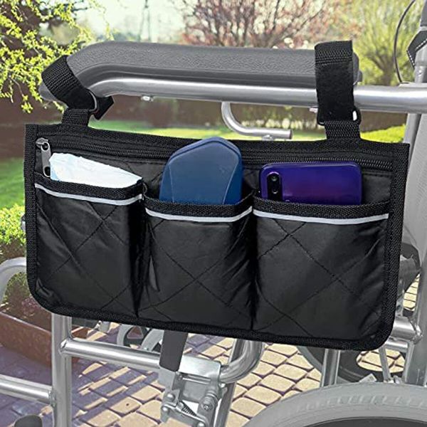 Wheelchair Accessories, Waterproof Wheelchair Bags to Hang on Side with Bright Line Black Storage Organizers for Home/Outdoor/Baby Cart